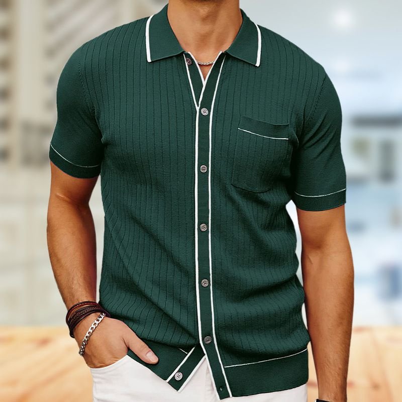 Men Fashion Casual Color Matching Cardigan Knitted Short Sleeve Lapel Shirt