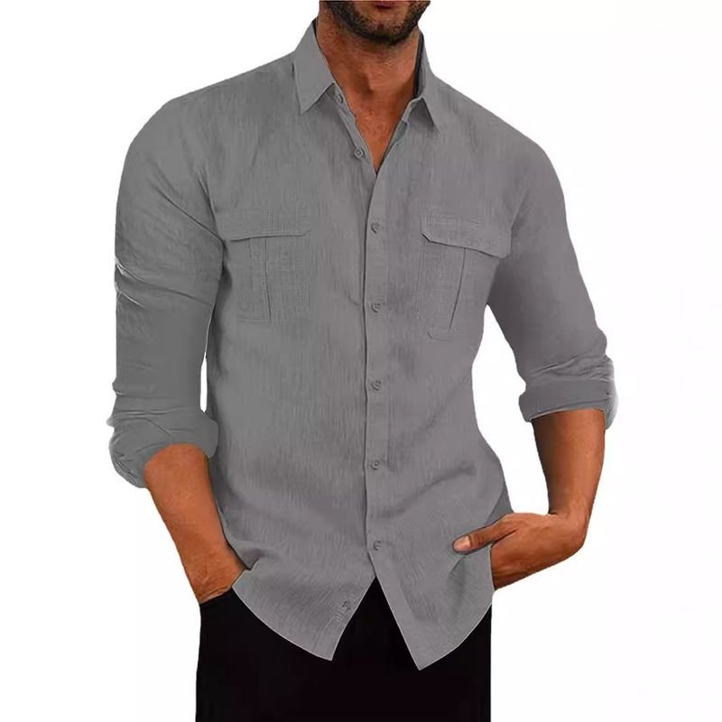 Men Fashion Casual Basic Solid Color Long Sleeve Lapel Shirt