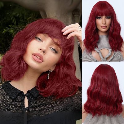 14Inch Women Fashion Burgundy Bangs Curly Hair Wig