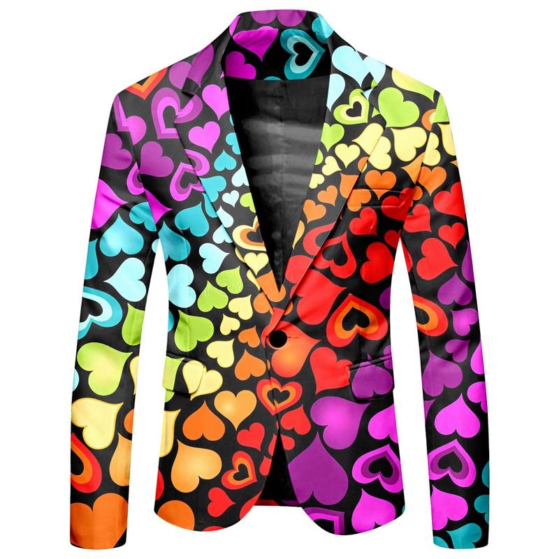 Men Fashion Casual Party Valentine Heart Shape Print Long Sleeve Lapel Suit