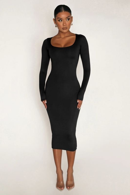 Women Fashion Solid Color Round Neck Long Sleeve Tight Dress