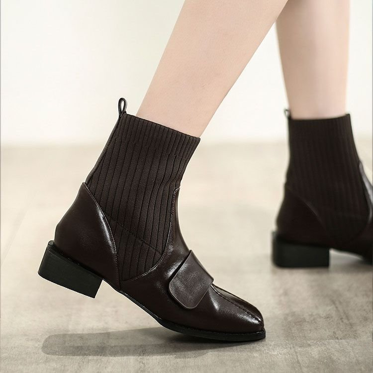 Size:4.5-12 Women Fashion Solid Color Patchwork Square Heel Ankle Boots