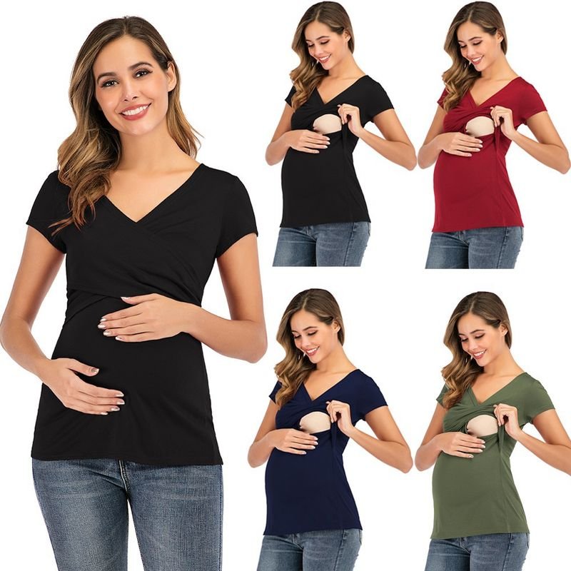 Summer Women Fashion Solid Color Deep V Cross Short Sleeve Breastfeeding Top