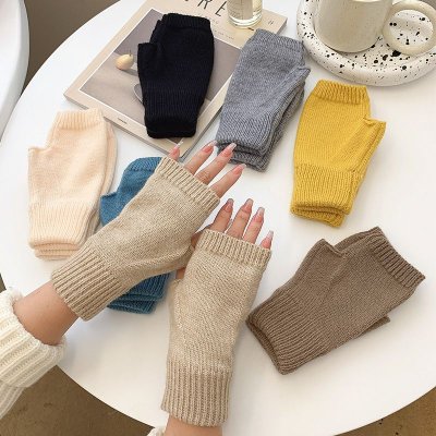 Autumn Winter Women Simple Solid Color Wool Knitted Half-Finger Gloves