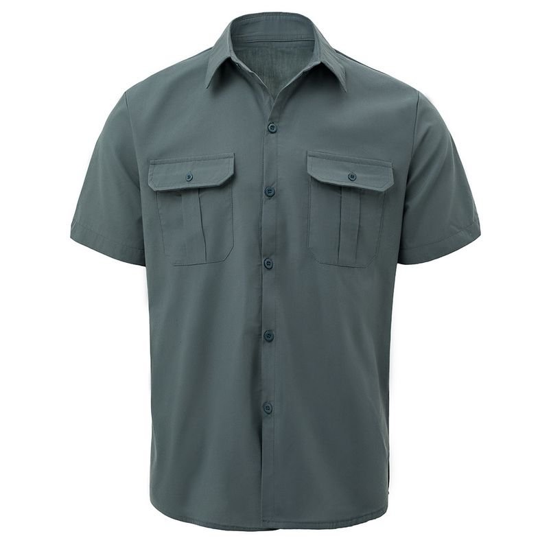 Men Fashion Casual Solid Color Double Pocket Short Sleeve Lapel Shirt