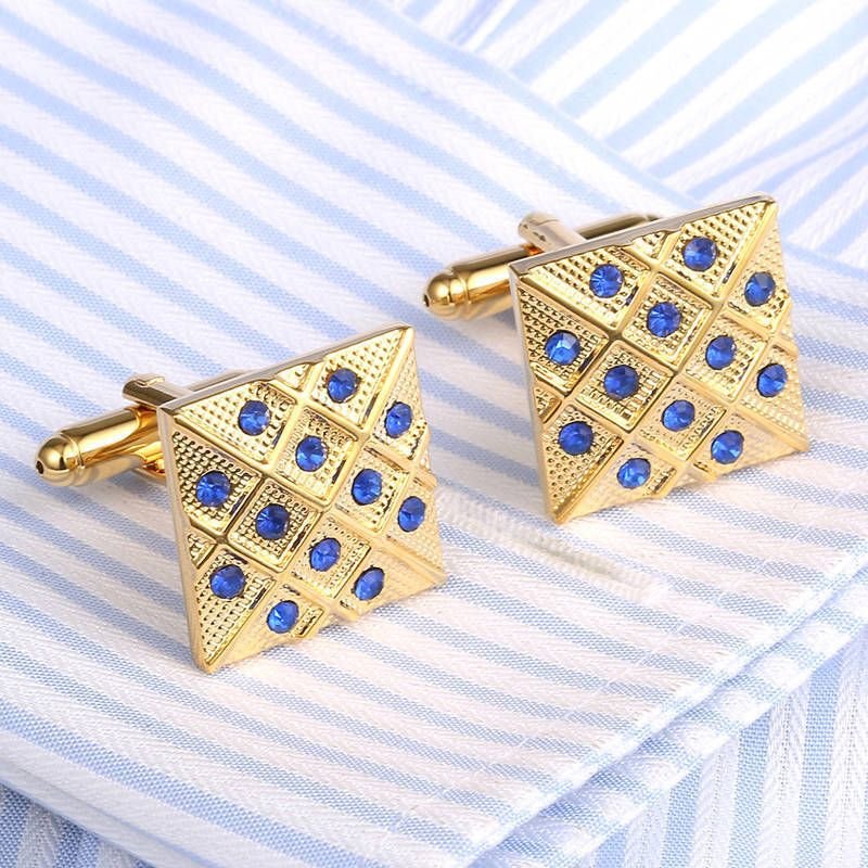 Men Square Blue Crystal Gold Cufflinks