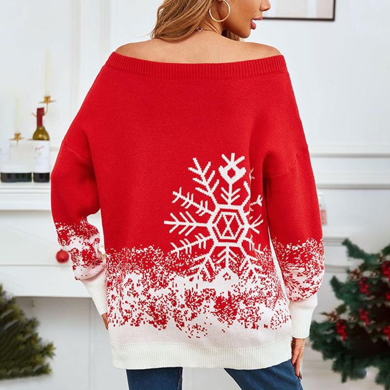 Women Fashion Cartoon Christmas Snowflake Print Off Shoulder Long Sleeve Knitted Sweater