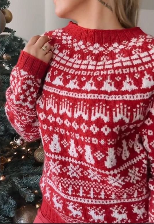 Autumn Winter Women Fashion Christmas Tree Print Crewneck Long Sleeve Knitted Sweater