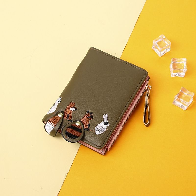 Women Fashion Cute Cartoon Animal Embroidered Folding Mini Wallet