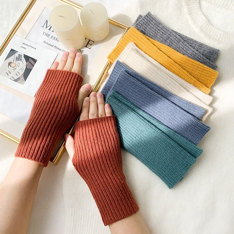 Autumn Winter Women Simple Solid Color Vertical Strip Knitted Wool Half-Finger Gloves