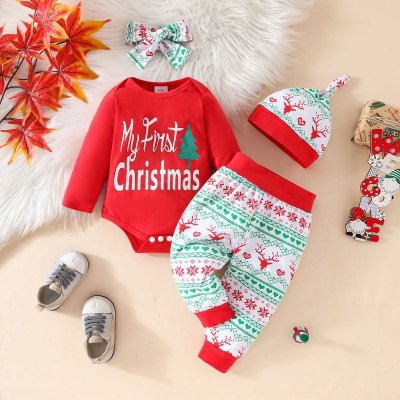 Kids Baby Boys Girls Cute Party Christmas Alphabet Long Sleeve Romper Trousers Sets