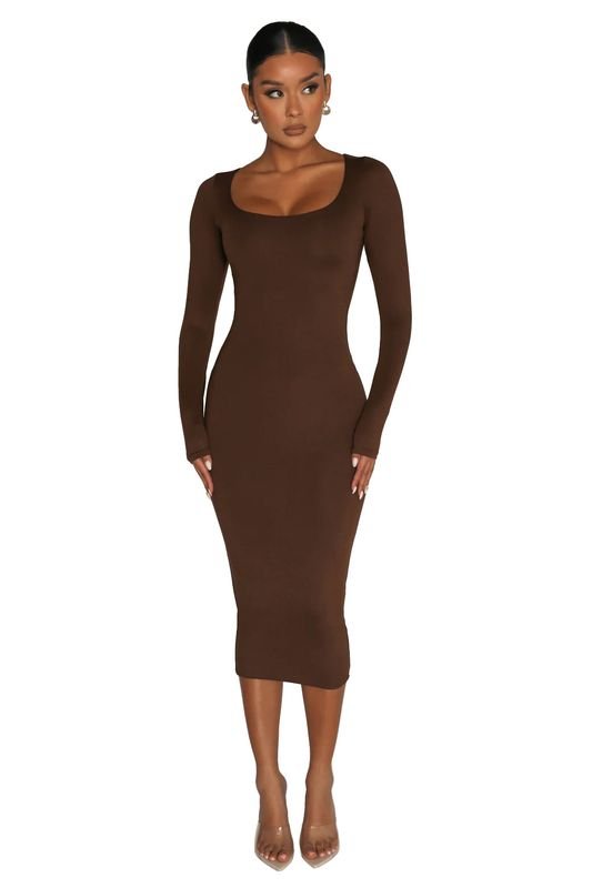 Women Fashion Solid Color Round Neck Long Sleeve Tight Dress