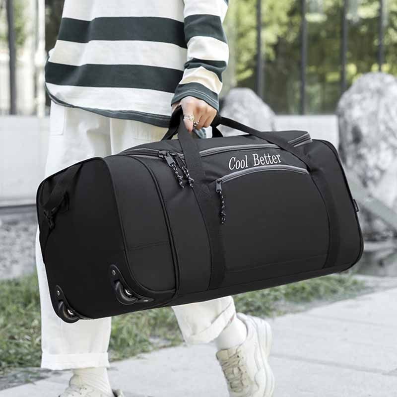 Men Casual Sports Travel Foldable Wheels Oxford Duffle Bag