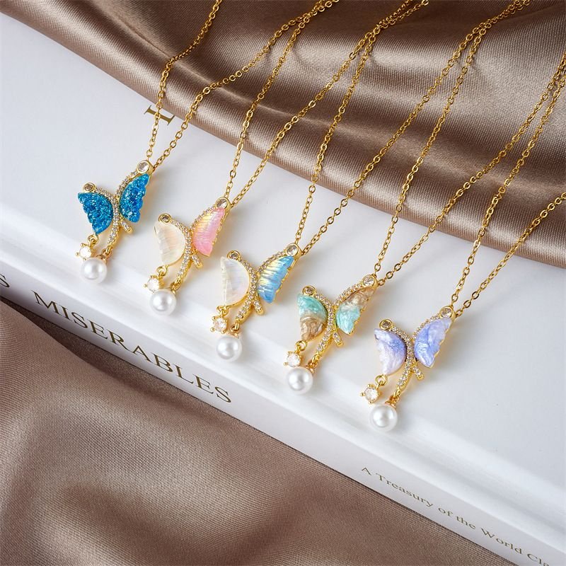 Women Simple Multicolor Fluorescent Butterfly Pearl Titanium Steel Necklace