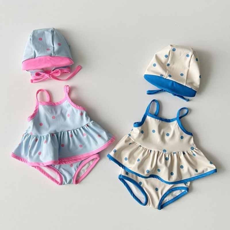 Kids Toddler Girls Casual Cute Polka Dot Print Swimming Cap Tankinis Swimwear Three-Piece Set