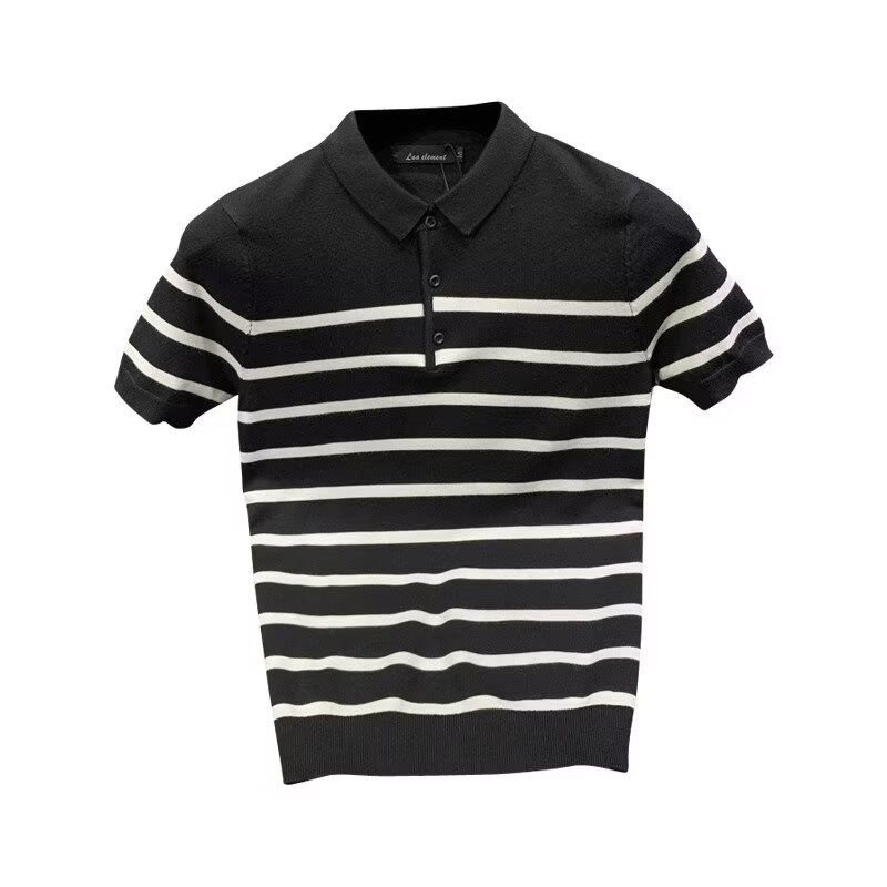 Men Fashion Casual Business Basic Stripe Print Short Sleeve Lapel POLO Shirt