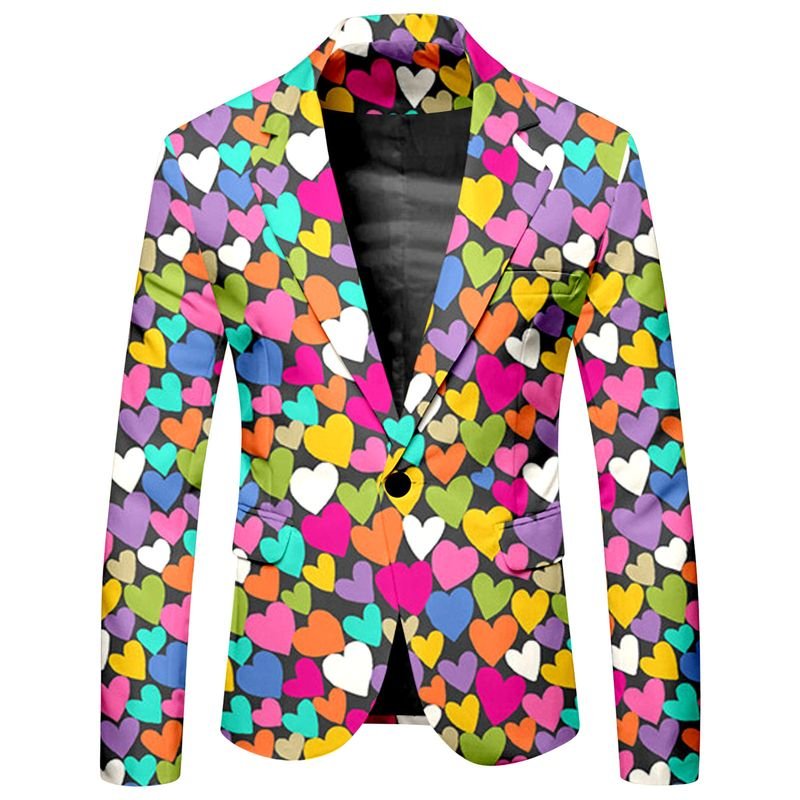 Men Fashion Casual Party Valentine Heart Shape Print Long Sleeve Lapel Suit