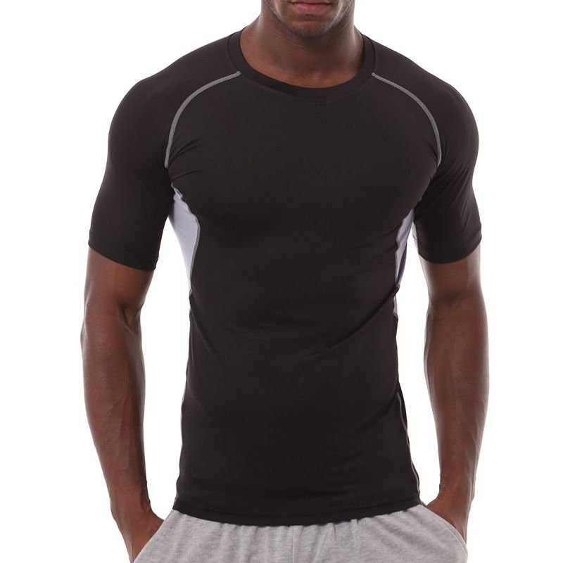 Men Casual Basic Stripe Quick Drying Short Sleeve Round Neck Sports Tight T-Shirt