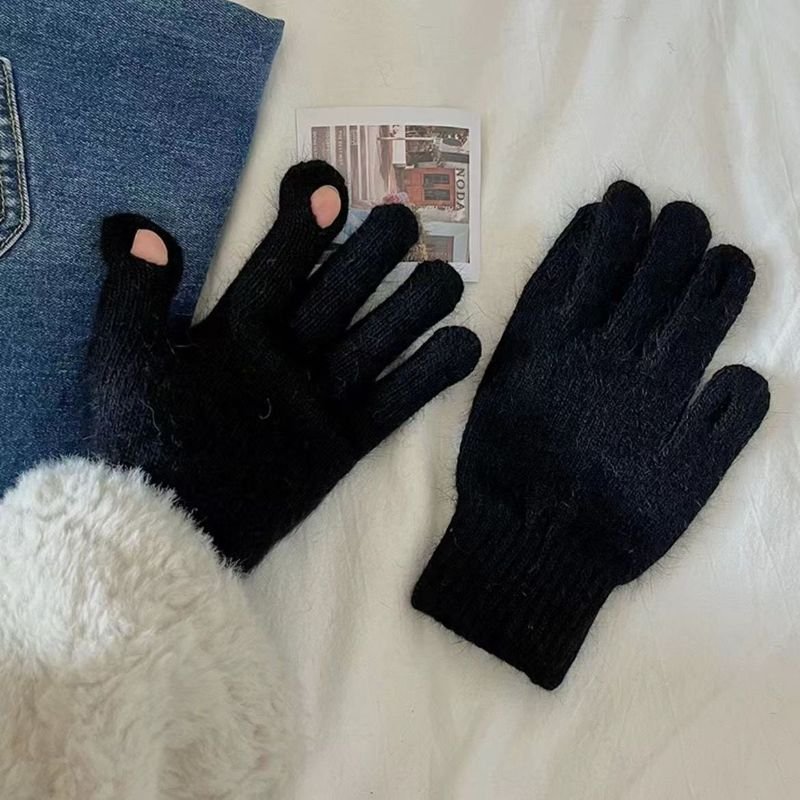 Women Winter Open-Finger Touch Screen Imitation Rabbit Fur Fleece-Lined Warm Gloves