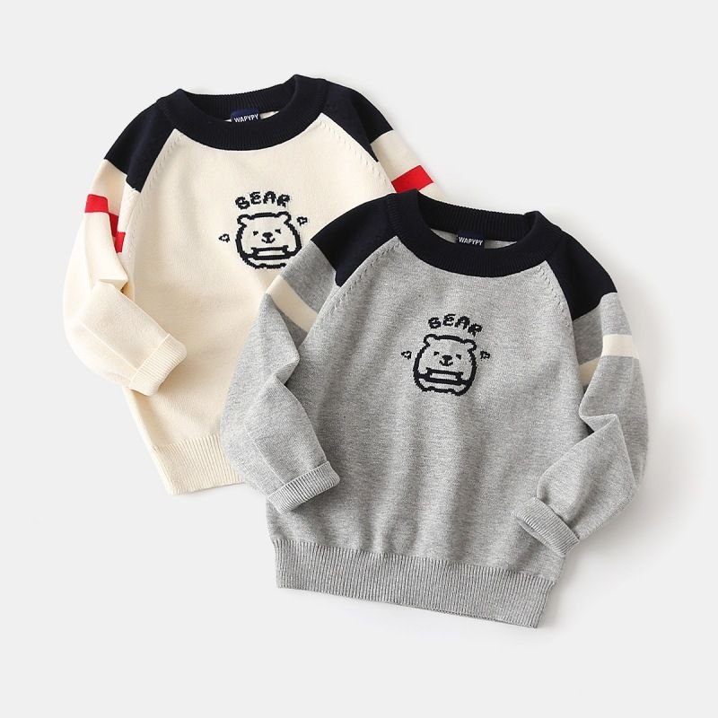 Kids Toddler Boys Casual Cute Caron Bear Long Sleeve Round Neck Knitwear Sweater