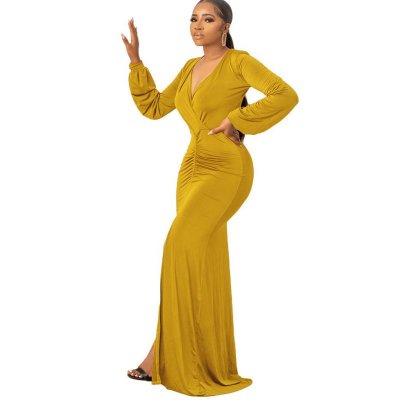 Women Fashion Sexy Solid Color Deep V Long Sleeve Maxi Dress