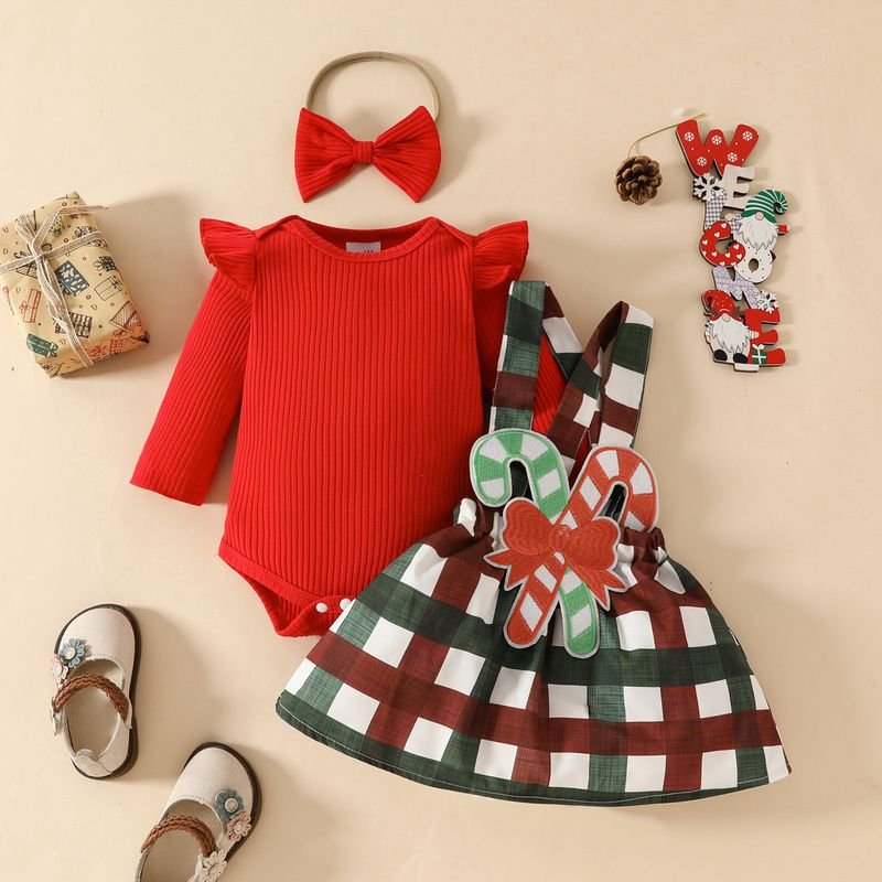 Kids Baby Girls Cute Party Christmas Long Sleeve Romper Plaid Strap Dress Sets