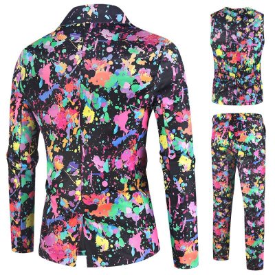 Men Fashion Casual Party Color Print Plus Size Vest Long Sleeve Lapel Suit Trousers Three-Piece Set