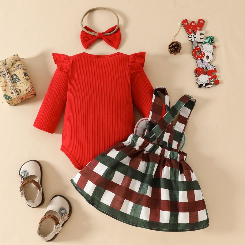 Kids Baby Girls Cute Party Christmas Long Sleeve Romper Plaid Strap Dress Sets