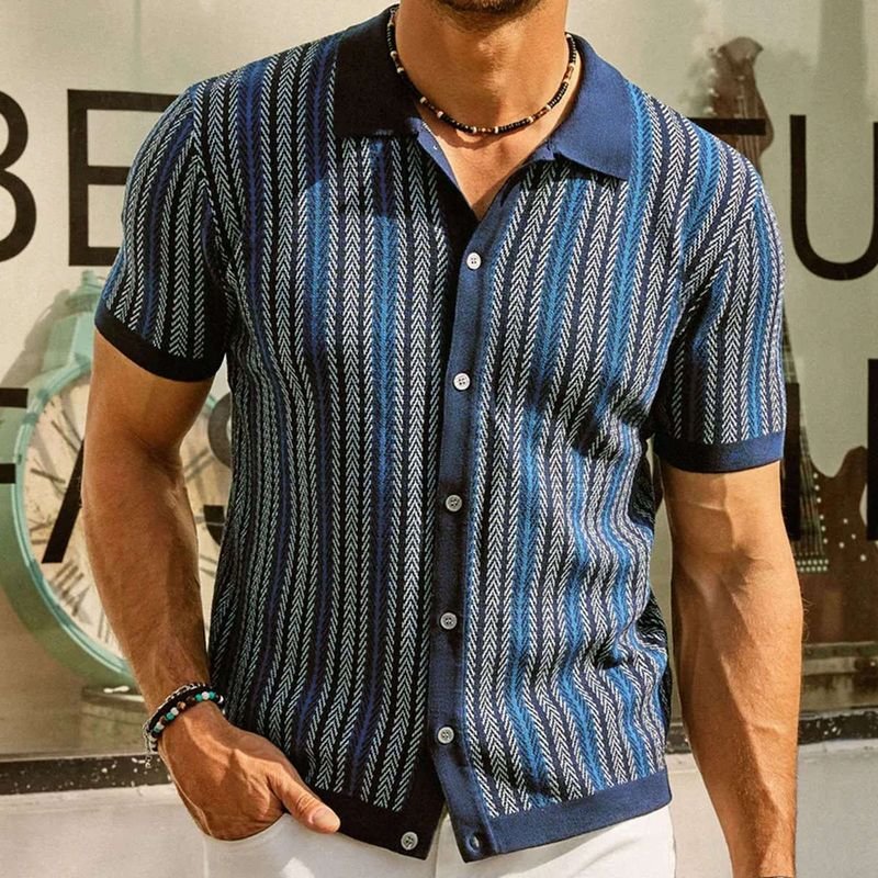 Men Fashion Casual Color Matching Cardigan Knitted Short Sleeve Lapel Shirt