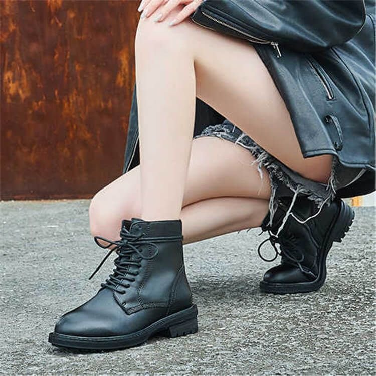 Size:4.5-9 Women Solid Color Lace-up Genuine Leather Zipper Boots