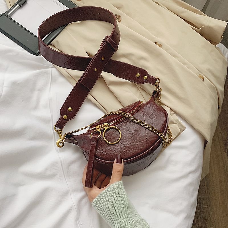 Women Vintage Chain Zipper Design Solid Color PU Chest Bag