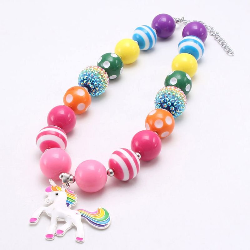 Kids Girls Sweet Cute Unicorn Pendant Alloy Rainbow Beaded Necklace