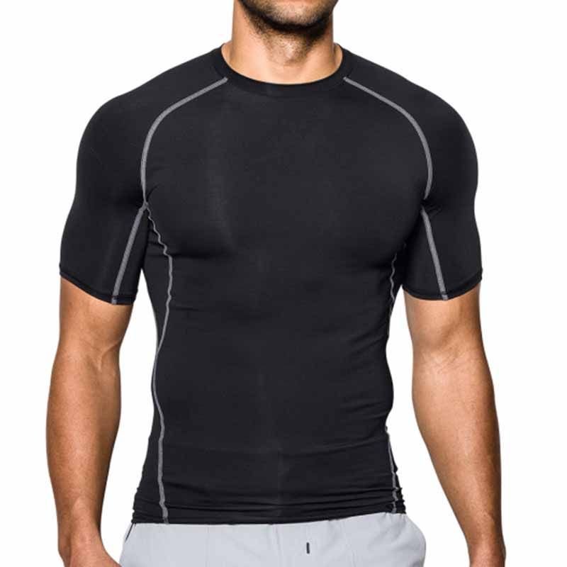 Men Casual Basic Stripe Quick Drying Short Sleeve Round Neck Sports Tight T-Shirt