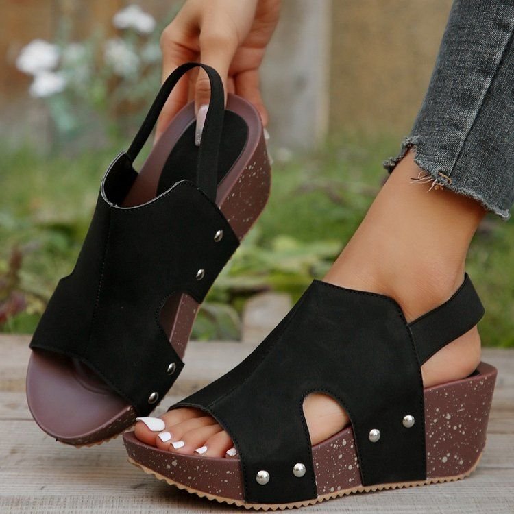 Summer Women Vintage Plus Size Platform Wedge Heel Studded Cutout Sandals