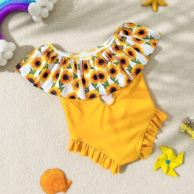 Kids Baby Girls Casual Vacation Cute Tiny Flower Print Sleeveless Off Shoulder One Piece Swimwear