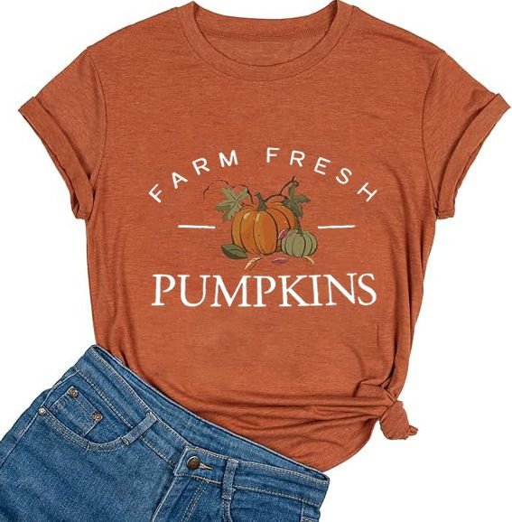 Women Thanksgiving Pumpkin Print Colored Cotton T-Shirt