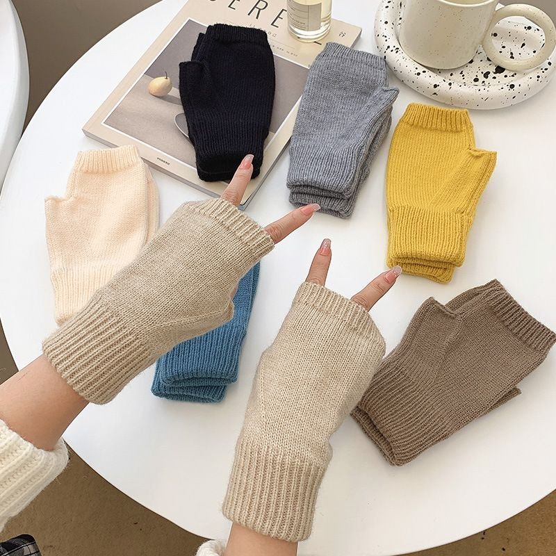 Autumn Winter Women Simple Solid Color Wool Knitted Half-Finger Gloves