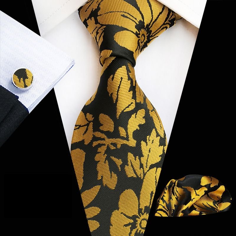 Men Classic Flower Printed Tie Pocket Square And Cufflinks Three-piece Set