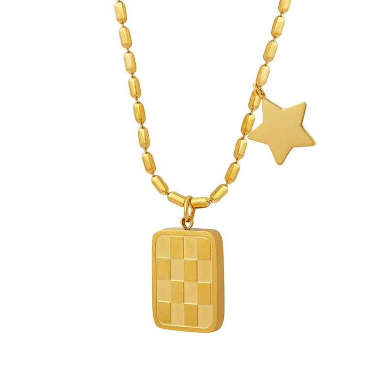 Titanium Steel Fashion Retro Chessboard Square Star Pendant Necklace