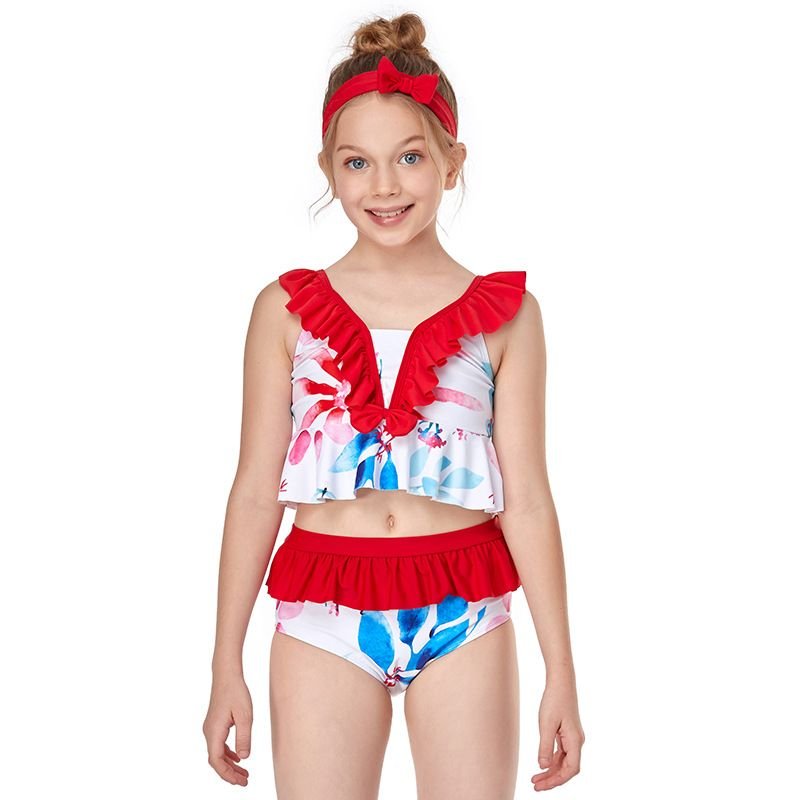 Children Fashion Girl'S Ruffle Floral Print Swimsuit Two-Piece Set