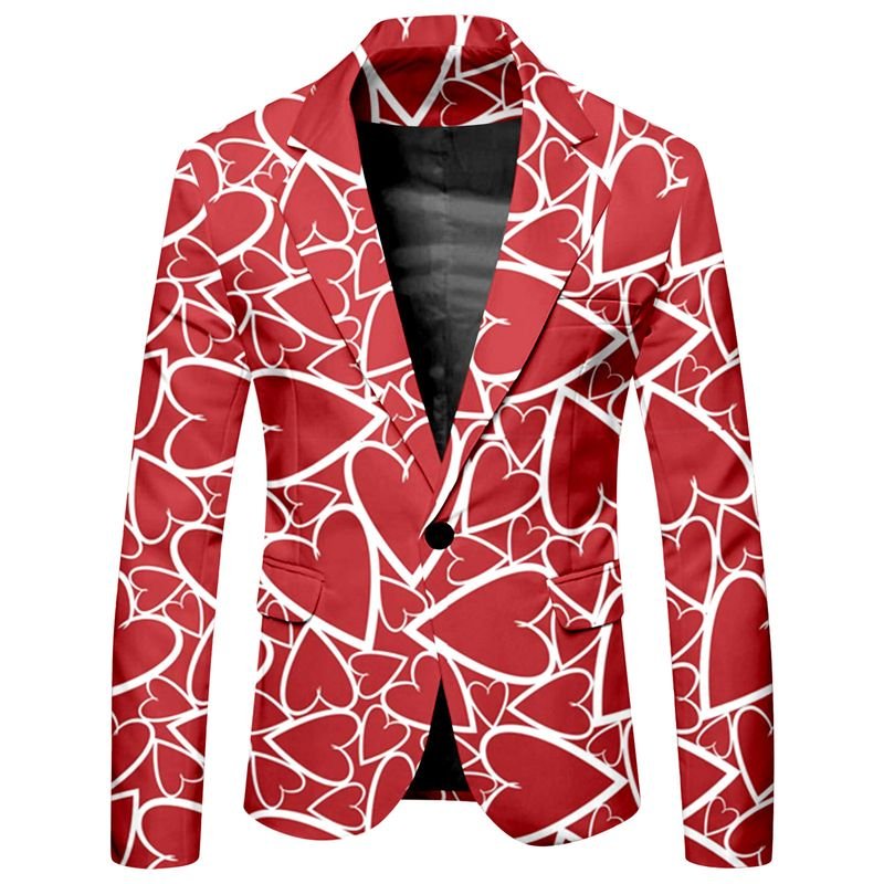 Men Fashion Casual Party Valentine Heart Shape Print Long Sleeve Lapel Suit