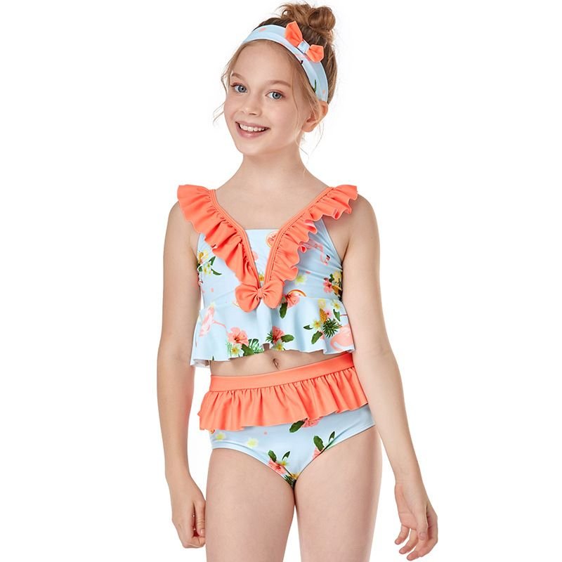 Children Fashion Girl'S Ruffle Floral Print Swimsuit Two-Piece Set