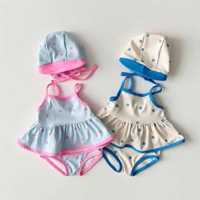 Kids Toddler Girls Casual Cute Polka Dot Print Swimming Cap Tankinis Swimwear Three-Piece Set