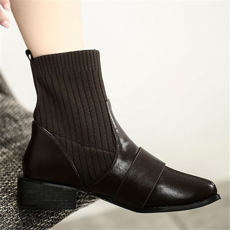 Size:4.5-12 Women Fashion Solid Color Patchwork Square Heel Ankle Boots