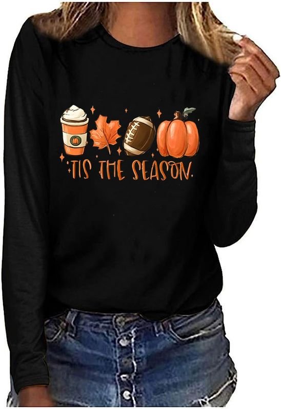 Thanksgiving Women Fashion Pumpkin Maple Leaf Print Crewneck Long Sleeve T-Shirt