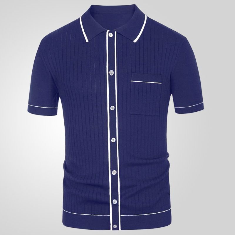 Men Fashion Casual Color Matching Cardigan Knitted Short Sleeve Lapel Shirt