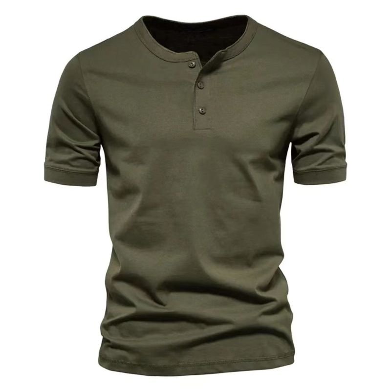 Men V Neck Short-Sleeved Casual Slim-Fit Henry Collar Solid Color T-Shirt