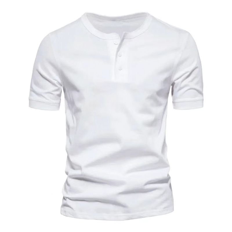 Men V Neck Short-Sleeved Casual Slim-Fit Henry Collar Solid Color T-Shirt