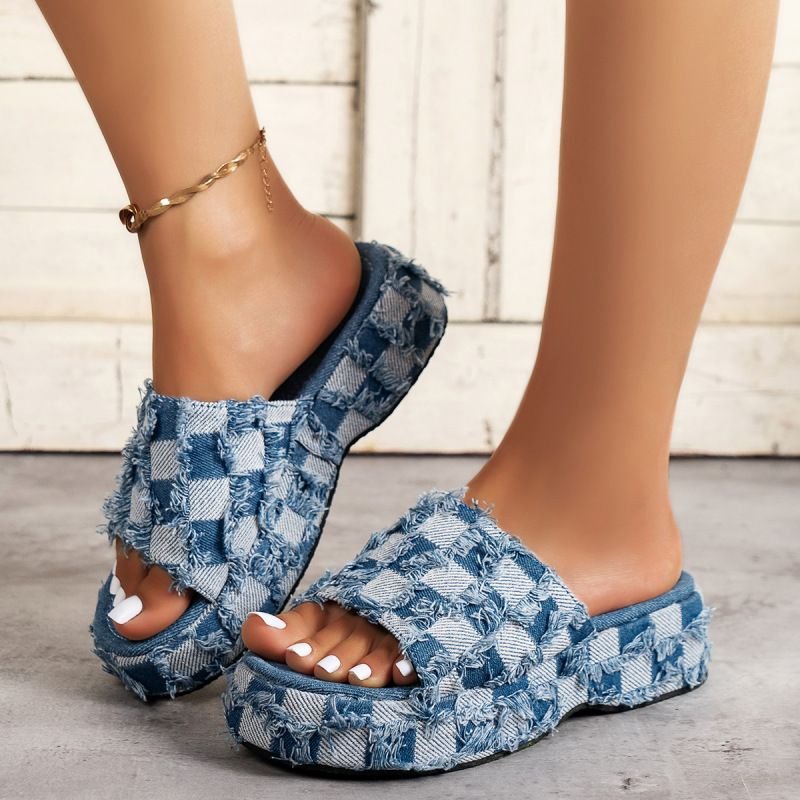 Women Fashion Casual PU Denim Plaid Round Toe Thick-Soled Slippers