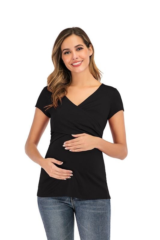 Summer Women Fashion Solid Color Deep V Cross Short Sleeve Breastfeeding Top